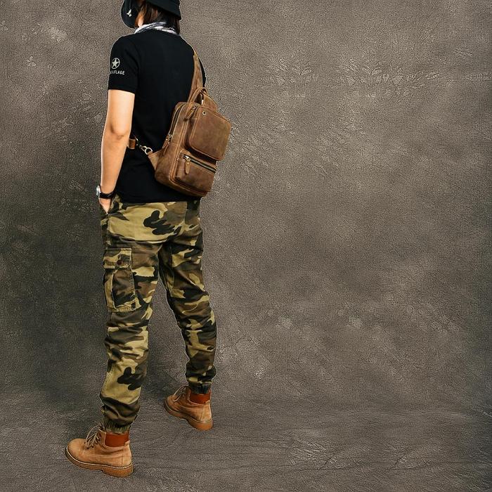 Cool Leather Mens 10 Brown Sling Bag Chest Bag Dark Coffee One Shoulder Backpack for Men