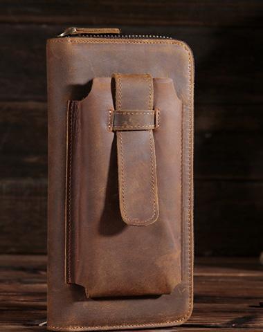 Vintage Leather Mens Long Wallet Bifold Zipper Cool Clutch Wallet for Men