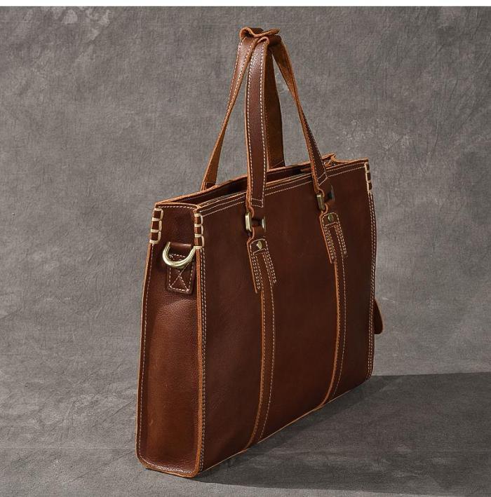 Brown Leather Mens 14 Laptop Briefcase Business Messenger Bag Brown Large Handbag For Men