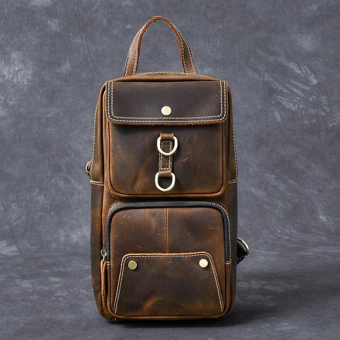 Cool Leather Mens 8 Brown Vintage Sling Bag Chest Bag One Shoulder Backpack for Men
