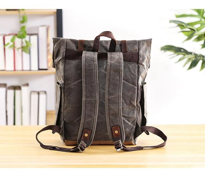 Waxed Canvas Leather Mens 16‘’ Army Green Backpack Travel Backpack Gray Hiking Backpack for Men