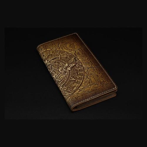 Handmade Leather Tooled Xiuhpohualli Calendar Mens Long Wallet Cool Leather Wallet Clutch Wallet for Men