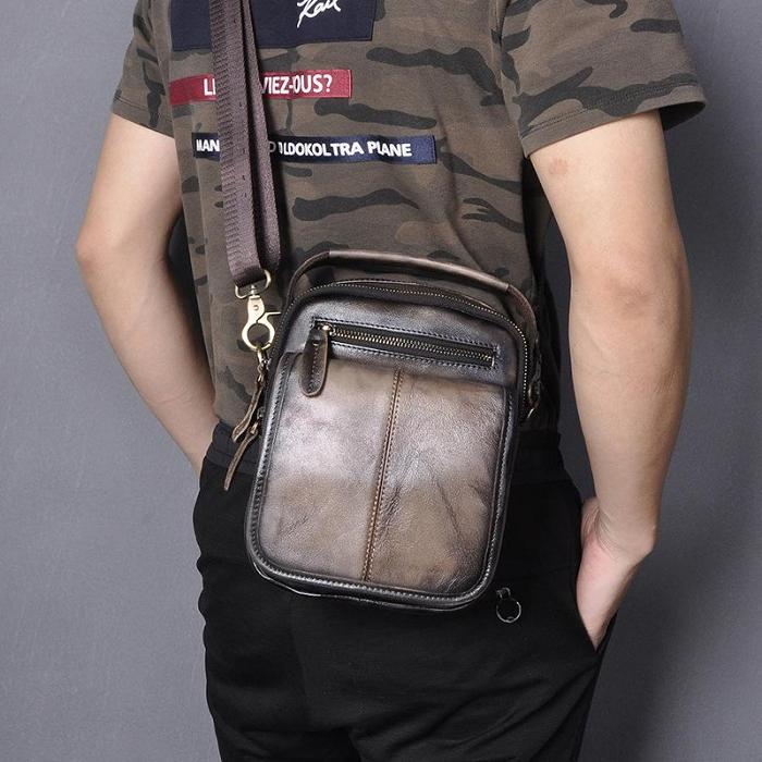 Tan Cool Leather Men Small Side Bag Messenger Bag Belt Pouch Waist Bag for Men