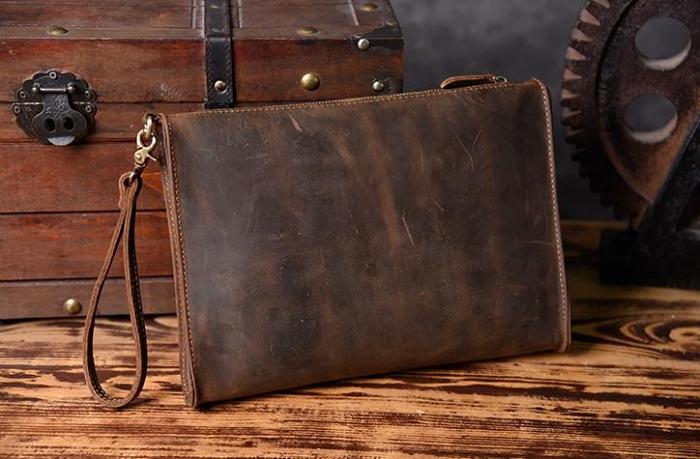 Handmade Leather Mens Clutch Cool Slim BagZipper Clutch Wristlet Wallet for Men