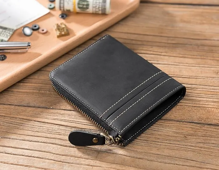 Handmade Leather Mens Cool Slim Leather Zipper Wallet Men Small Wallets Bifold for Men