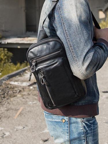 Black Casual Leather Mens 8 inches Sling Bag Chest Bag Black One Shoulder Backpack Phone Bag for Men