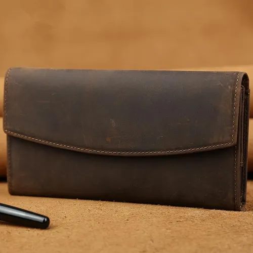Cool Leather Wallet Men's Trifold Long Wallet Vintage Long Wallet For Men