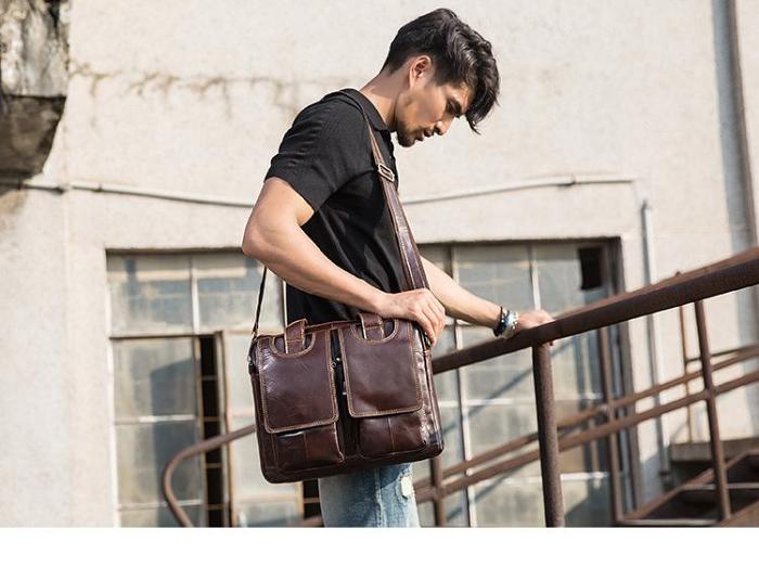 Cool Coffee Leather Mens 13 inches Vertical Briefcase Side Bag Messenger Bags Work Bags Courier Bag for Men