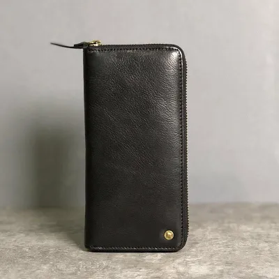 Genuine Leather Mens Cool Long Leather Wallet Zipper Clutch Wristlet Wallet for Men