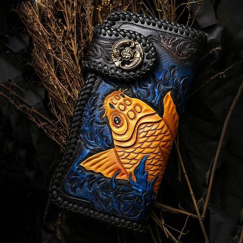 Handmade Leather Carp Mens Chain Biker Wallet Cool Leather Wallet With Chain Wallets for Men