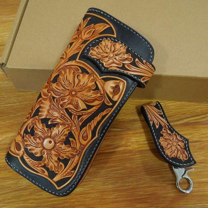 Handmade Leather Biker Wallet Tooled Floral Mens Cool Chain Wallet Trucker Wallet with Chain