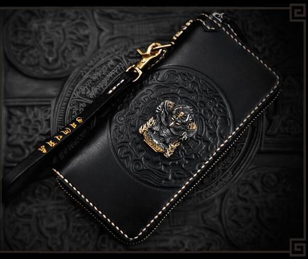 Handmade Leather Tibetan Mens Chain Biker Wallet Cool Leather Wallet Long Clutch Wallets for Men