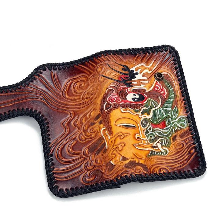 Handmade Leather Buddha&Demon Mens Chain Biker Wallet Cool Leather Wallet With Chain Wallets for Men
