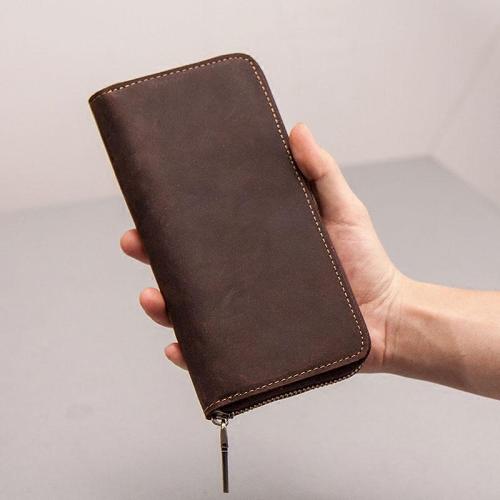 Leather Men Zipper Travel Wallet Passport Wallet Bifold Long Wallets for Men