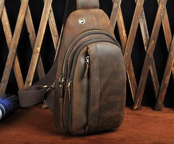 Cool Brown Mens Leather Chest Bags Sling Bag One Shoulder Backpack For Men