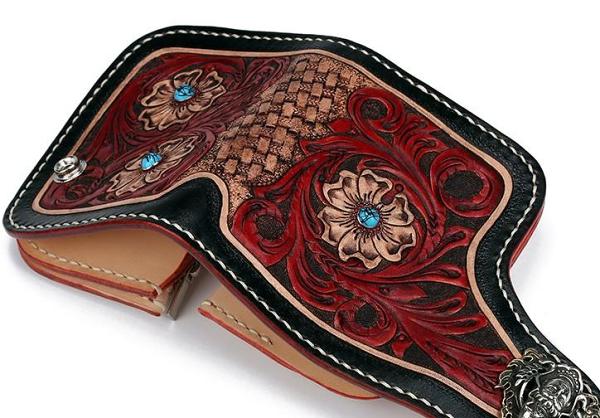 Handmade Leather Small Tooled Floral Mens billfold Wallet Cool Chain Wallet Biker Wallet for Men