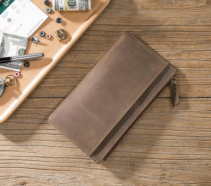 Handmade Leather Mens Clutch Wallet Cool Leather Wallet Zipper Phone Wallets for Men