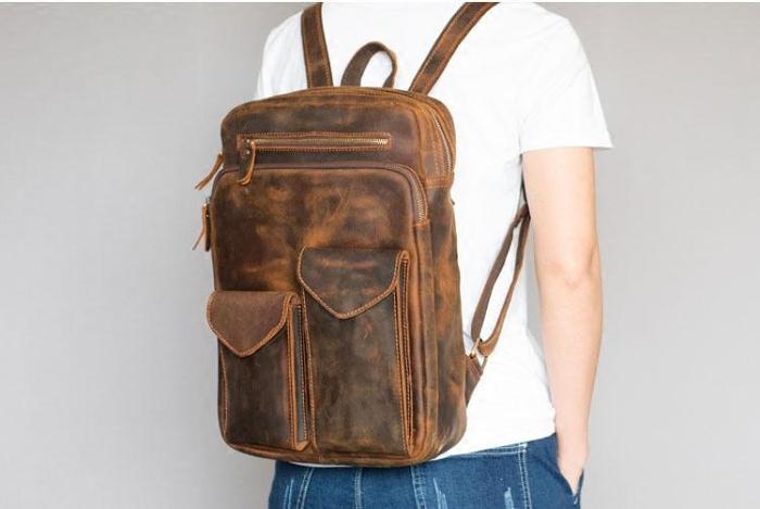 Cool Brown Leather Mens 14 Laptop Backpack Hiking Backpack Travel Backpack College Bag for Men