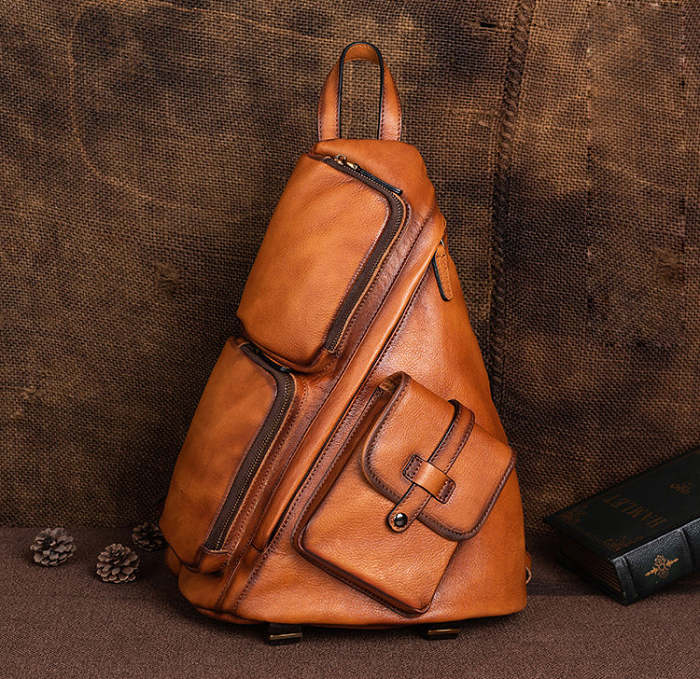 Men's Brown Leather Sling Bag Large Convertible Cool Backpacks Sling Crossbody Pack For Men