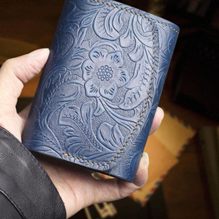 Handmade Leather Floral Mens Trifold Cool billfold Wallet Card Holder Small Card Slim Wallets for Men