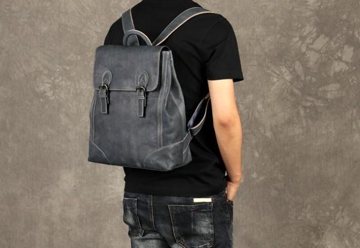 Genuine Leather Mens Cool Backpack Sling Bag Large Black Travel Bag Hiking Bag for men