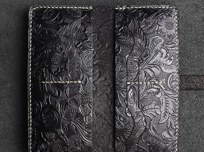 Handmade Leather Floral Mens Cool Travel Long Wallet Card Holder Card Slim Clutch Wallets for Men