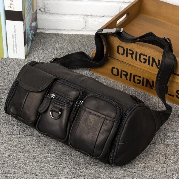 Black Leather Mens Cool Barrel Fanny Pack Hip Pack Bum Bag for men