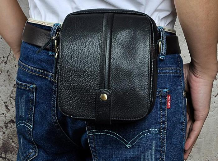 Mens Leather Small Belt Pouch Side Bags Waist Pouches COURIER BAG Holster Belt Case for Men