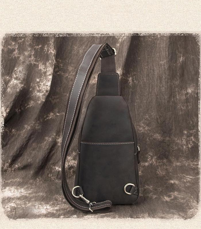 Cool Black Mens Leather Sling Bag Sling Backpack Chest Bag Sling Shoulder Bag For Men