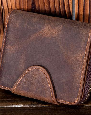 Leather Mens Wallet billfold Zipper Bifold Wallet Vintage Wallet for Men
