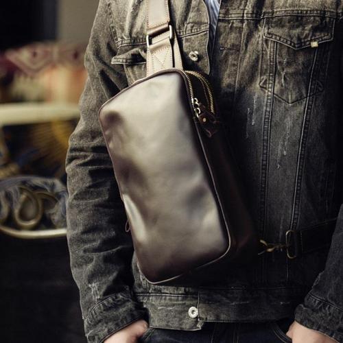 Handmade Leather Mens Cool Chest Bag Sling Bag Crossbody Bag Travel Bag Hiking Bag for men