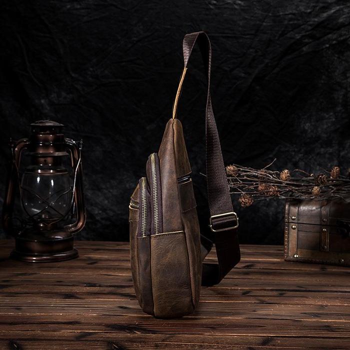 Vintage Brown Leather Men's Sling Bag 8-inches Chest Bag Vintage One shoulder Backpack For Men