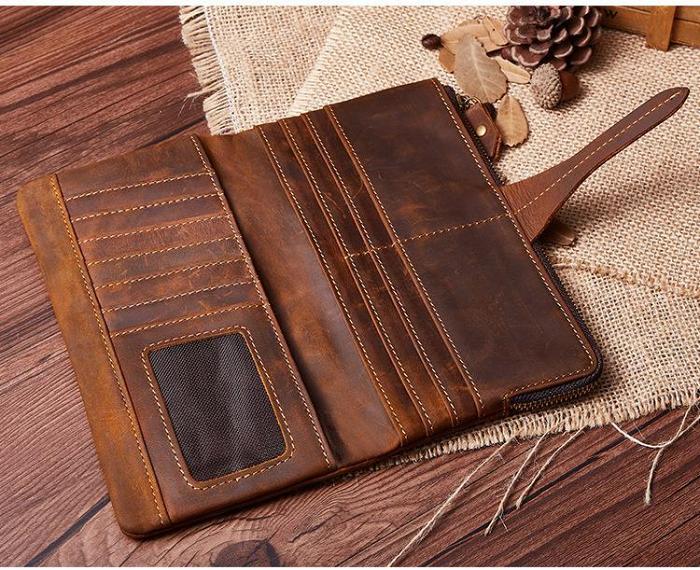 Vintage Coffee Cool Mens Leather Long Wallets Bifold Long Wallet for Men