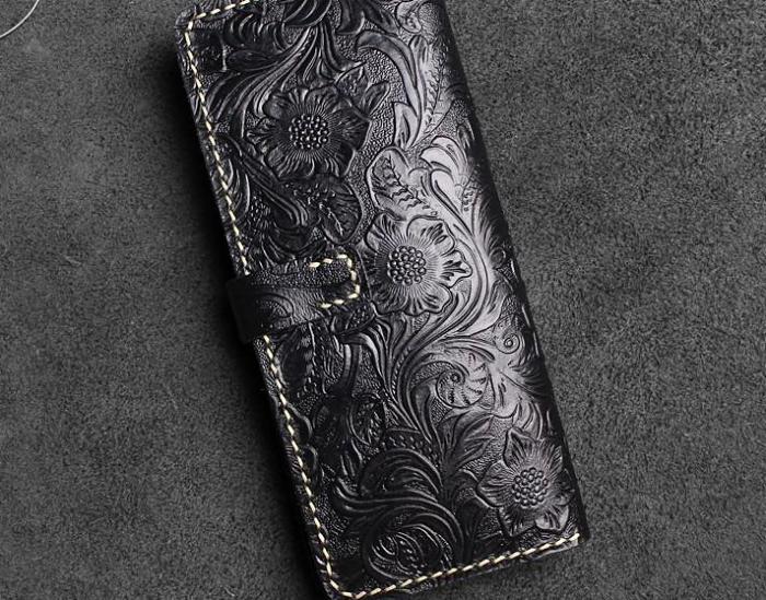 Handmade Leather Floral Mens Cool Travel Long Wallet Card Holder Card Slim Clutch Wallets for Men