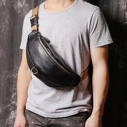 Top Leather Fanny Pack Men's Black Chest Bag Hip Bag Leather Belt Bag For Men