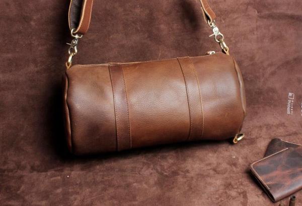 Genuine Leather Mens Bucket Bag Round Circle Bag Cool Weekender Bag Travel Bag Duffle Bags Overnight Bag Holdall Bag for men