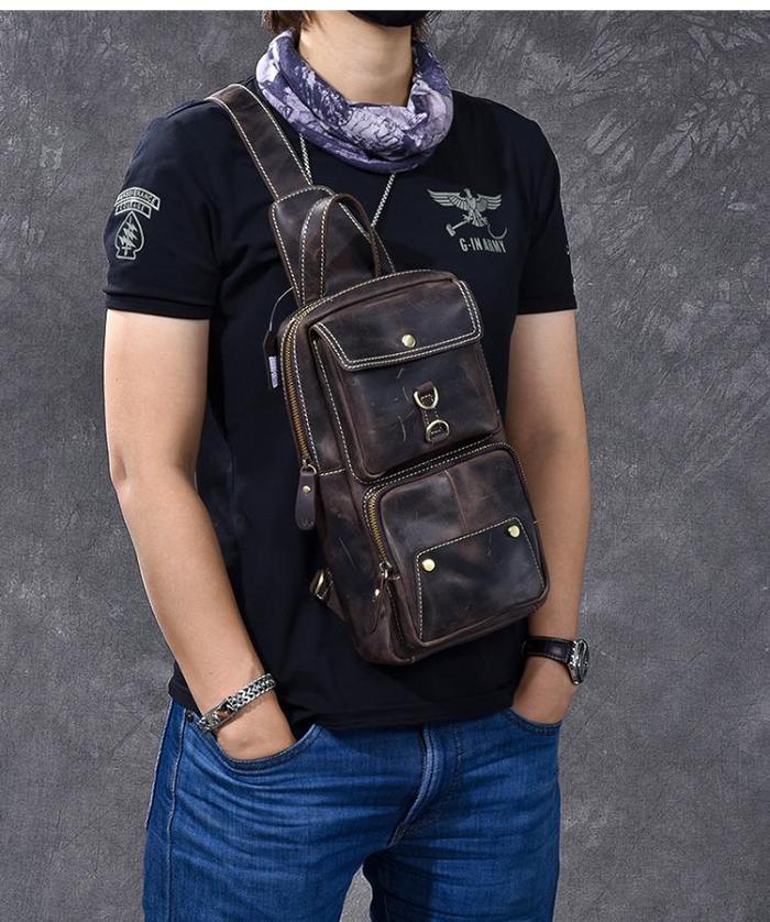 Cool Leather Mens 8 Brown Vintage Sling Bag Chest Bag One Shoulder Backpack for Men