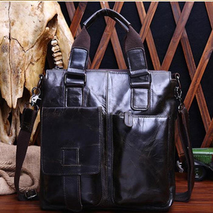 Vintage Coffee Leather Mens Briefcase Laptop Bag Business Bags Work Bag for Men