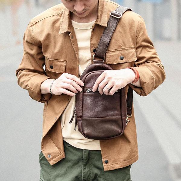 Vintage Dark Brown Leather Mens Chest Bag Red Brown Sling Bag Sling Pack For Men