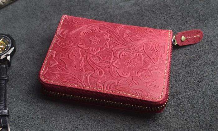Handmade Leather Floral Mens Zipper Cool billfold Wallet Card Holder Small Card Slim Wallets for Men