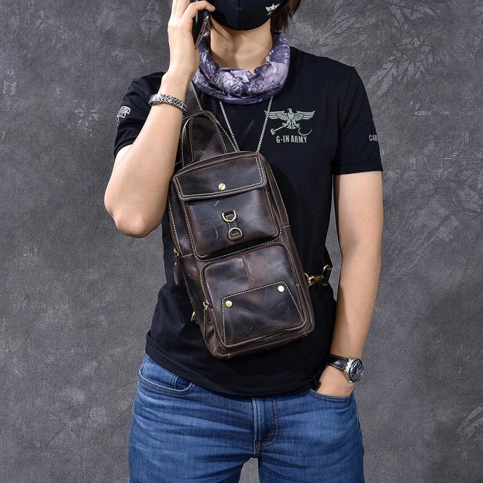Cool Leather Mens 8 Brown Vintage Sling Bag Chest Bag One Shoulder Backpack for Men