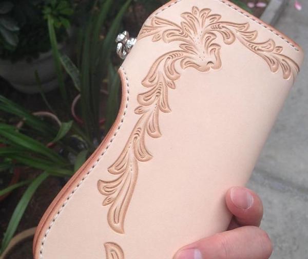 Handmade Leather Biker Wallet Tooled Floral Mens Cool Chain Wallet Trucker Wallet with Chain