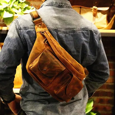 Brown Leather Large Fanny Pack Mens Leather Belt Bag Crossbody Fanny Pack for Men