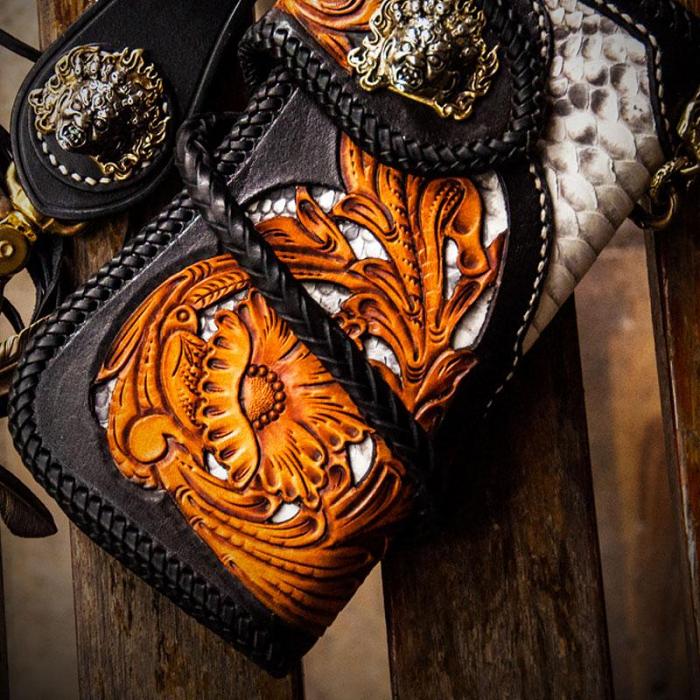 Handmade Leather Tooled Floral Mens Chain Biker Wallet Cool Leather Wallet With Chain Wallets for Men