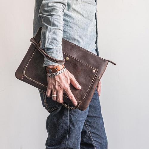 Handmade Leather Mens Cool Long Leather ipad bag Bifold Clutch Wallet for Men