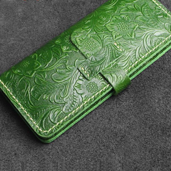 Handmade Leather Floral Mens Cool Travel Long Wallet Card Holder Card Slim Clutch Wallets for Men
