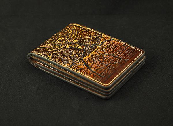 Handmade Leather Tooled Xiuhpohualli Calendar License Wallet Mens Card billfold Wallet Cool Leather Wallet Slim Wallet for Men