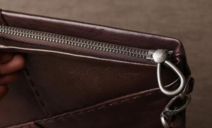 Genuine Leather Mens Clutch Cool Slim Wallet Zipper Clutch Wristlet Bag Wallet for Men Women