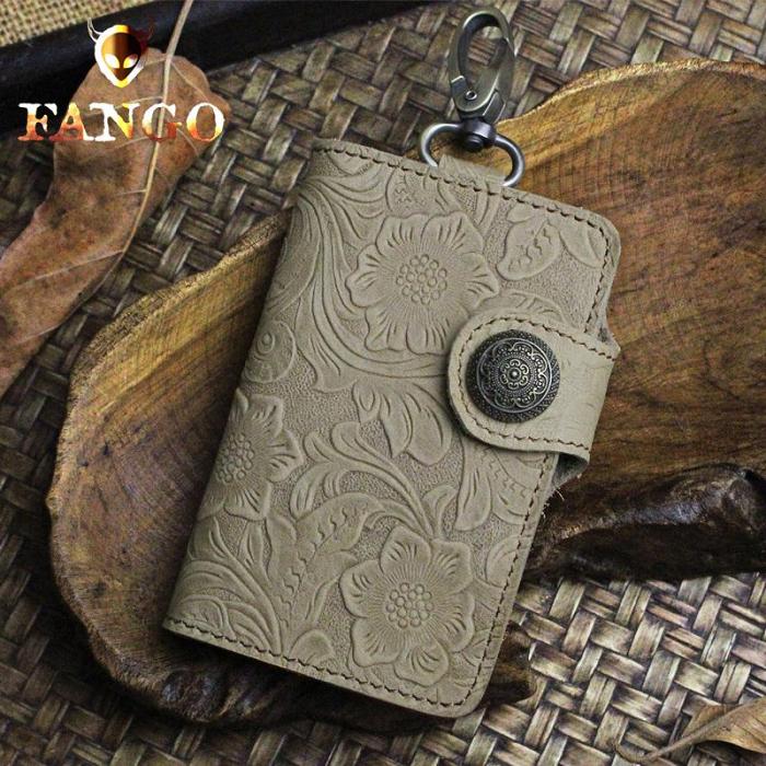 Handmade Leather Floral Mens Cool Key Wallet Wallet Card Holder Small Card Keychain Wallets for Men