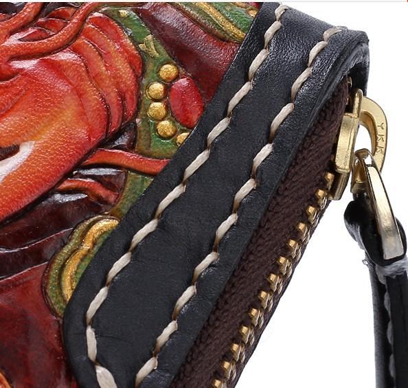 Handmade Leather Carp Mens Chain Zipper Biker Wallet Cool Leather Wallet Long Phone Wallets for Men